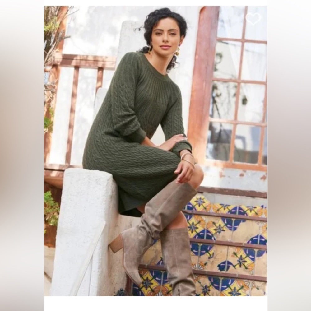 NWT Soft Surroundings Sz 6-8,SP Cable Knit Sweater Dress Dark Olive Green Wool